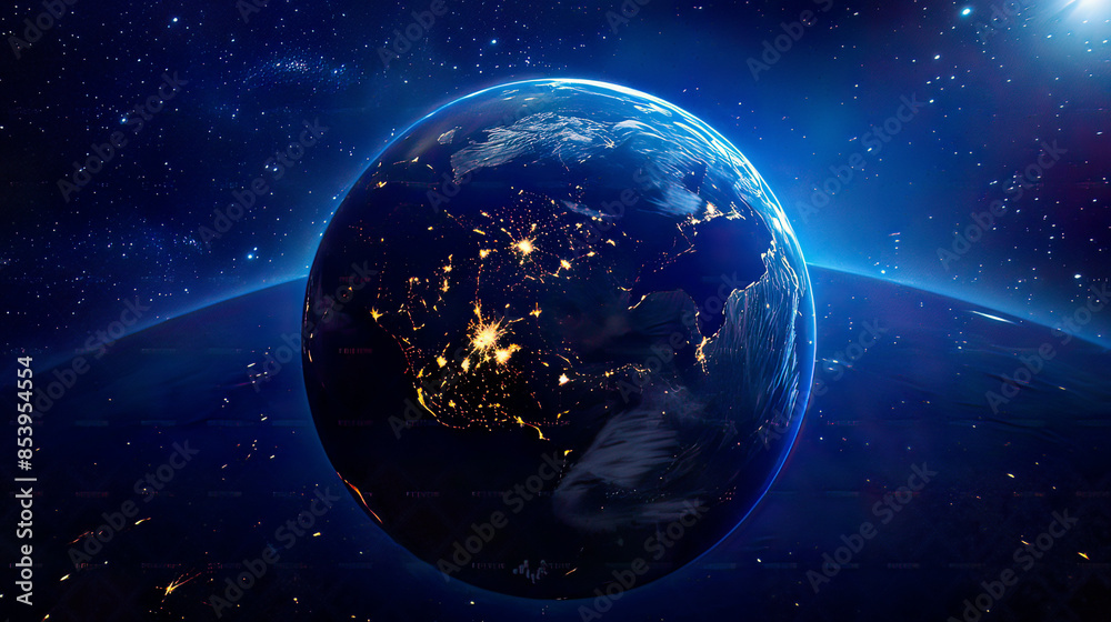 Obraz premium Photorealistic image of planet Earth at night seen from space city lights sparkling across continents detailed and surface deep space gentle illumination
