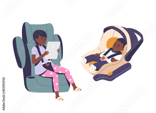 Two Children Sibling Sitting In Car Seats With Safety Belts. The Older Child Is Using Tablet While The Baby Is Resting