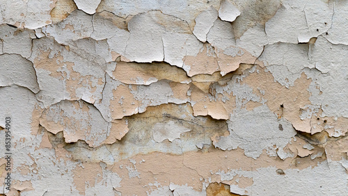 Blank for design, gray old plaster falls off wall from old age and influence of weather conditions