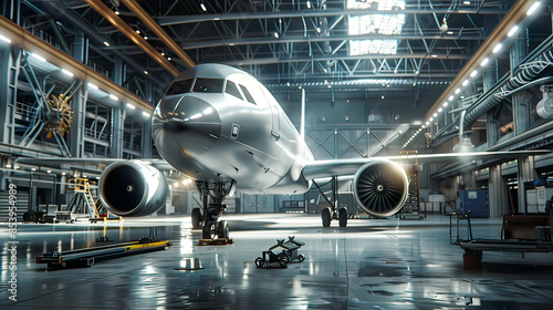 Photorealistic view: Aircraft in hangar ready for overhaul meticulous preparation authentic setting . photo