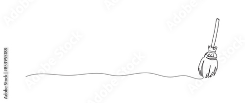 Witch broom continuous one line drawing, single line art element, minimalist sketch line vector illustration, halloween spooky concept
