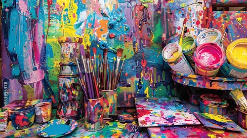 A vibrant stack of art supplies, including paint-covered palettes, brushes, and tubes of color, inspiring creativity and the joy of artistic exploration.  © Simo