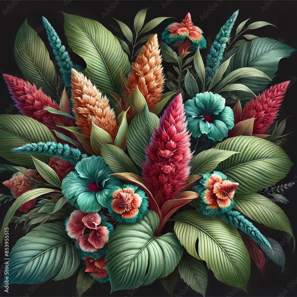 Obraz premium A dense and lush floral arrangement featuring Cock's comb flowers and leaves