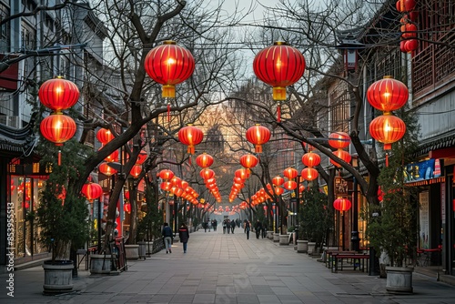 Pedestrian street in beijing with red lanterns and trees photo