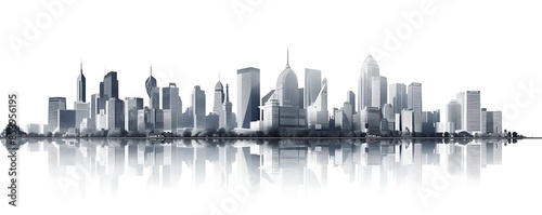 city skyline reflected on calm waters with a towering tree in the foreground