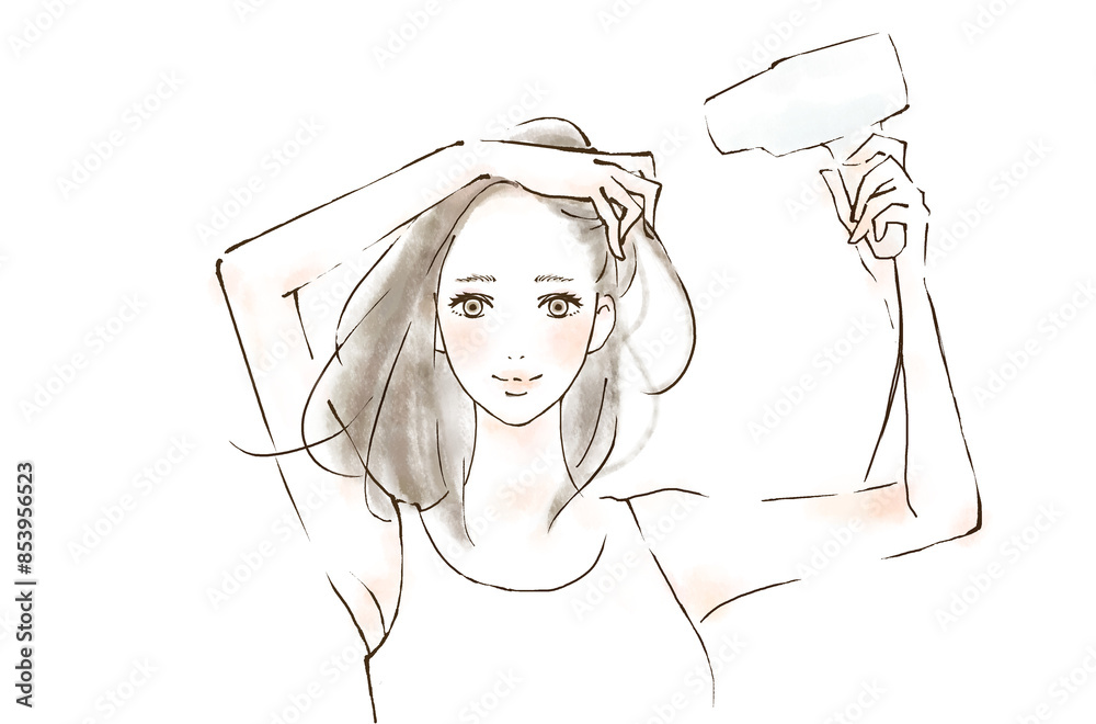 ドライヤーで髪と地肌を乾かす女性のイラスト