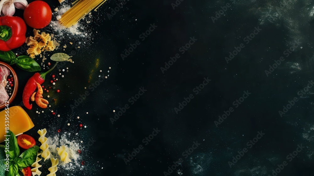 Italian Cuisine Ingredients on a Dark Background Italian Cuisine Ingredients on a Dark Background