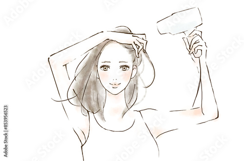 Obraz na płótnie ドライヤーで髪と地肌を乾かす女性のイラスト w salonie