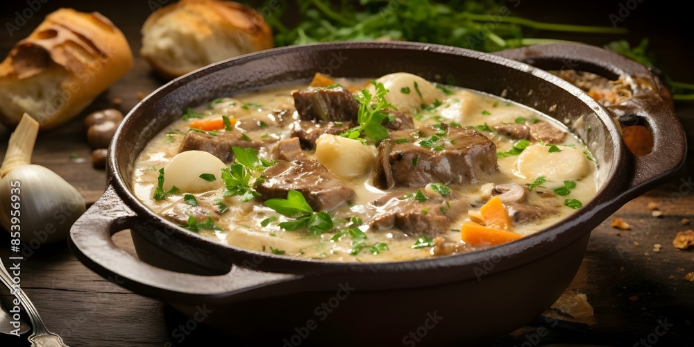 Classic French veal stew known as Blanquette de veau. Concept French cuisine, Classic recipe, Veal stew, Blanquette de veau, Traditional dish Classic French veal stew known as Blanquette de veau. Concept French cuisine, Classic recipe, Veal stew, Blanquette de veau, Traditional dish
