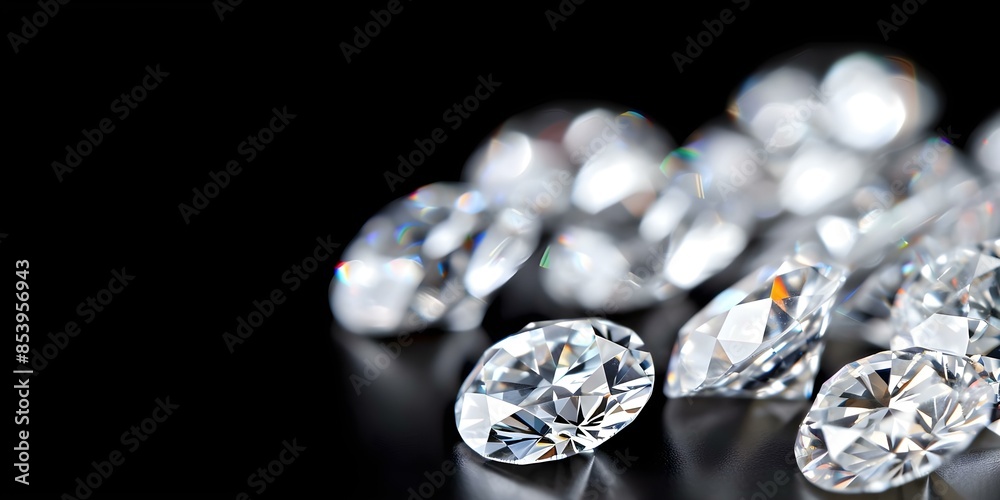 Luxurious diamonds displayed against black background to enhance their sparkle and elegance. Concept Luxury Jewelry, Black Background, Diamond Showcase, Elegance Display Luxurious diamonds displayed against black background to enhance their sparkle and elegance. Concept Luxury Jewelry, Black Background, Diamond Showcase, Elegance Display