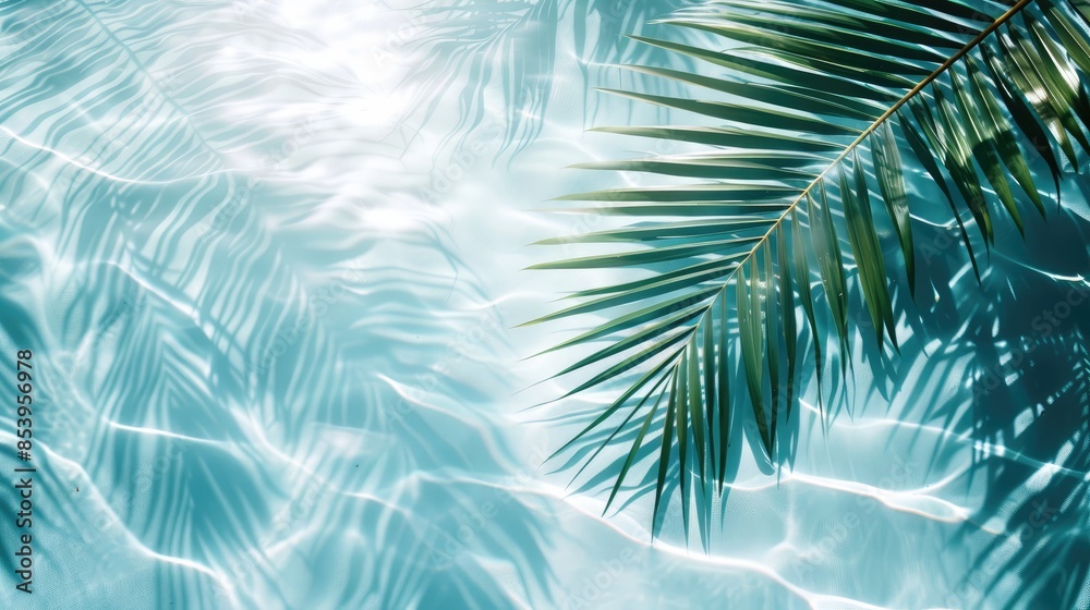 3D rendering of palm leaves shadow on the water surface in a swimming pool with a light blue background 3D rendering of palm leaves shadow on the water surface in a swimming pool with a light blue background
