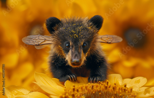 Tiny bear crossed with a honey bee with wings and a stinger and black and yellow fur standing on a massive yellow pedal with yellow pollen on it's face. photo