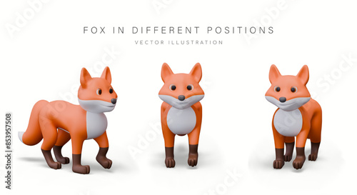 Red funny fox, view from different sides. Vector predator in cartoon style