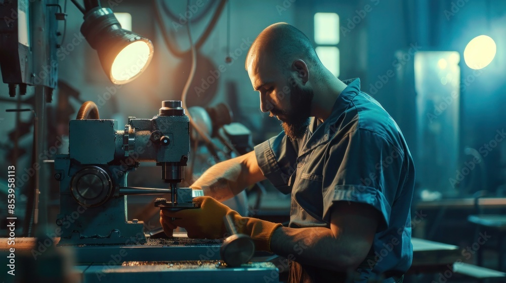 Blue-Collar Worker Using Milling Machine In Workshop Blue-Collar Worker Using Milling Machine In Workshop