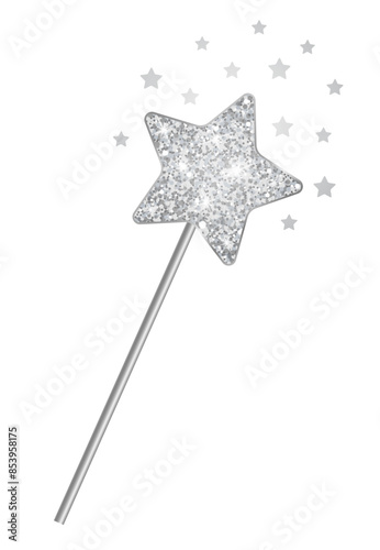 Silver magic wand with glitter and magic stars.