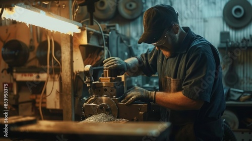 Blue-Collar Worker Using Milling Machine In Workshop