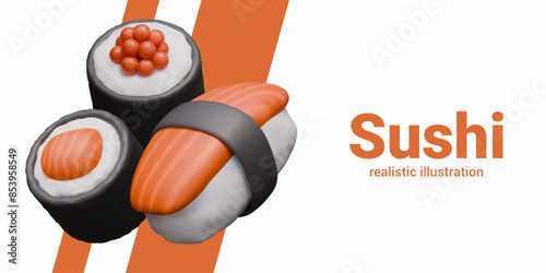 Set of sushi and nigiri in realistic style. Portions with red fish and caviar