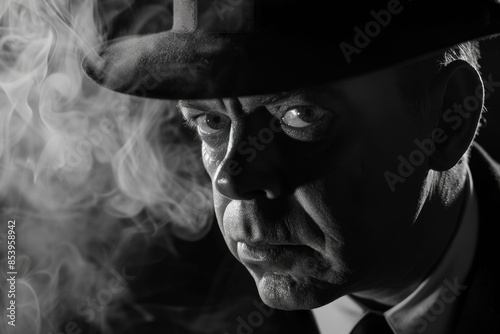 Dramatic portrait of a man engulfed in swirling black and white smoke, evoking a mysterious atmosphere AIG58 photo