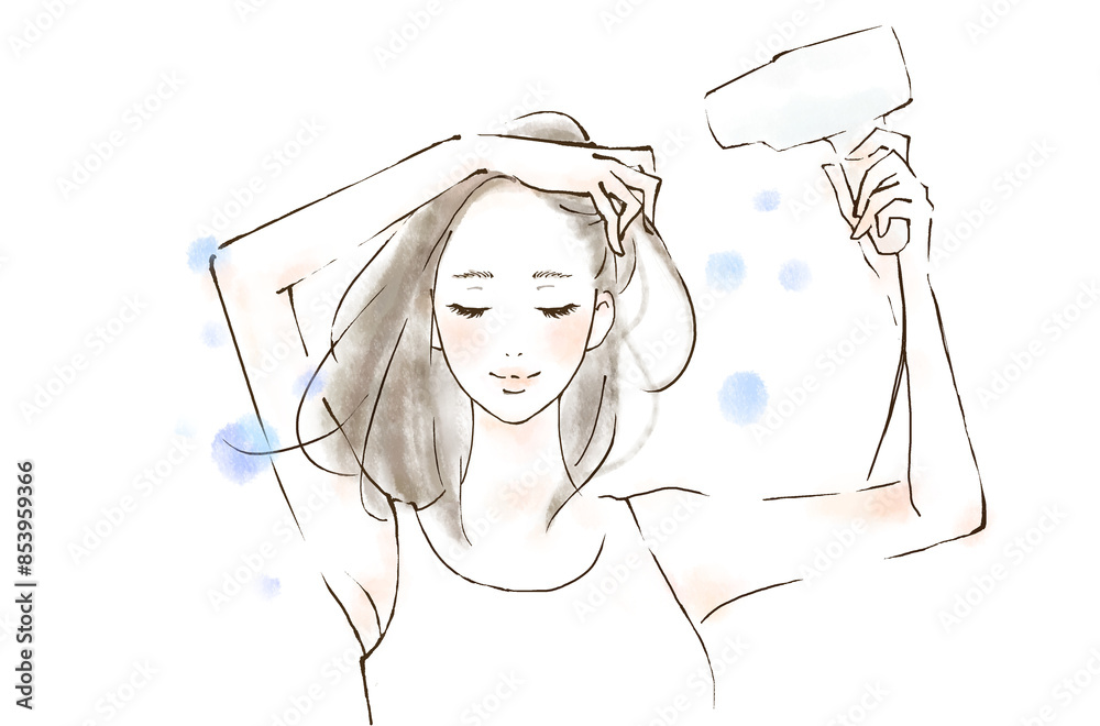 髪を乾かす女性 水彩風 爽やか 微笑む人物イラスト