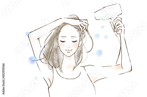 Obraz na płótnie 髪を乾かす女性 水彩風 爽やか 微笑む人物イラスト w salonie