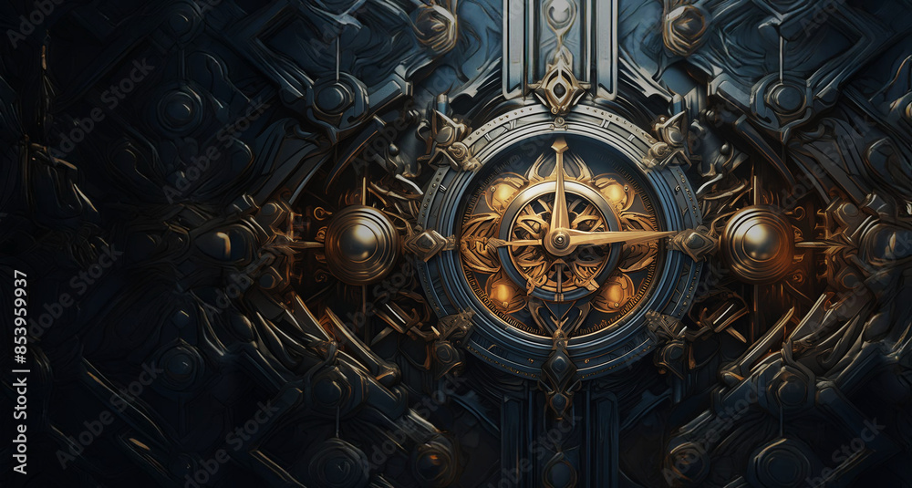 A heavy metallic ancient clock with old design in dark background. Concept of time travel and time machine. A heavy metallic ancient clock with old design in dark background. Concept of time travel and time machine.