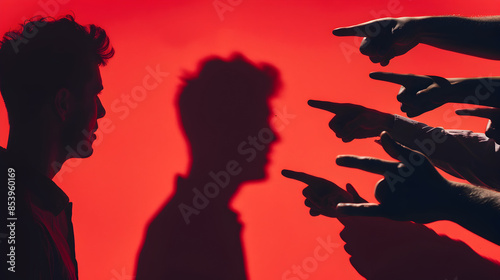 Mental health stigma shown through silhouettes pointing fingers at a person.


