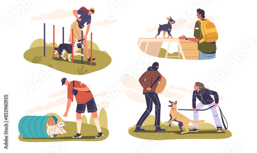Various Dog Training Activities In Yard Setting, Includes Agility Exercises And Obedience Training. Concept Of Pet Care