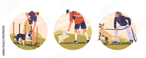 Pet Training, Dog Behavior And Outdoor Activities Isolated Vector Round Icons. Various Dog Training Techniques In A Yard