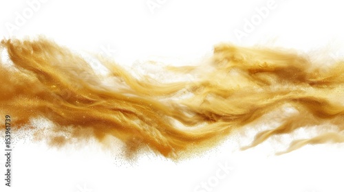 A dynamic image capturing a powerful explosion of golden dust particles against a white background, creating a dramatic and energetic visual effect photo