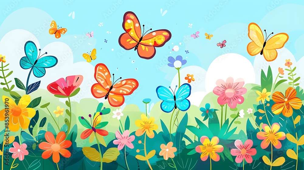 Fototapeta premium Colorful Butterflies and Flowers in a Summer Garden