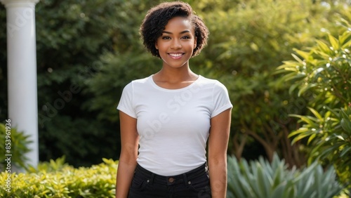 Young black woman with short hair wearing white t-shirt and black jeans standing in the garden