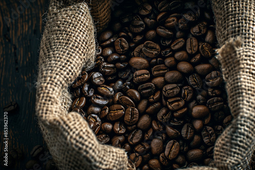 The image shows a bag of coffee beans on a wooden table.