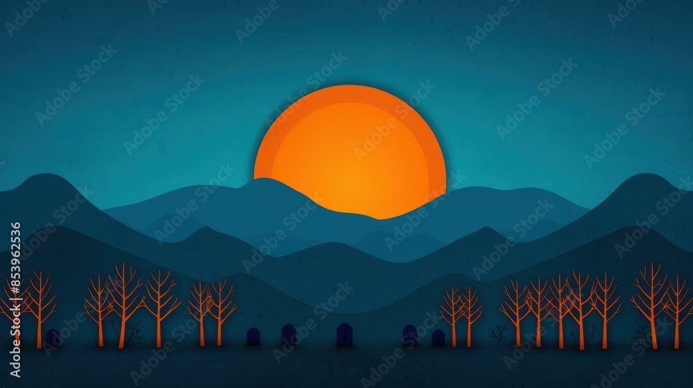 Obraz premium Sunset Over Mountains With Silhouettes of Trees.