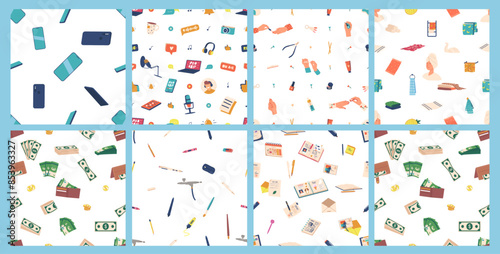 Vibrant Set Of Patterns Illustrating Themes Of Technology, Finances And Hobbies, Include Elements Like Smartphones, Cash