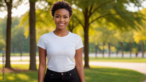 Young black woman with short hair wearing white t-shirt and black jeans standing in the park