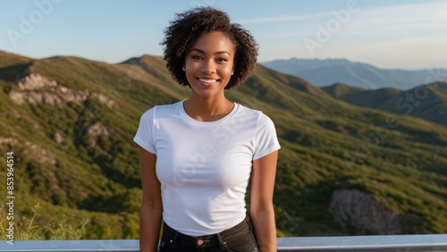Young black woman with short hair wearing white t-shirt and black jeans standing on a mountain © QuoDesign