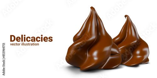 Shaped chocolates. Whipped sweet cocoa cream swirl. Aromatic delicacies on white background