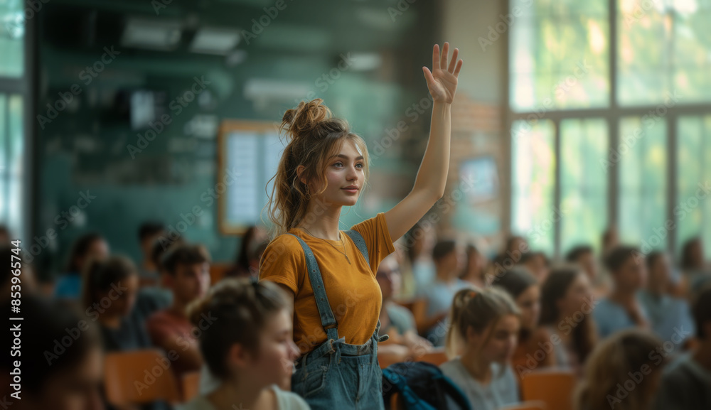 Fototapeta premium A young woman raises her hand in a classroom setting, surrounded by other students.
