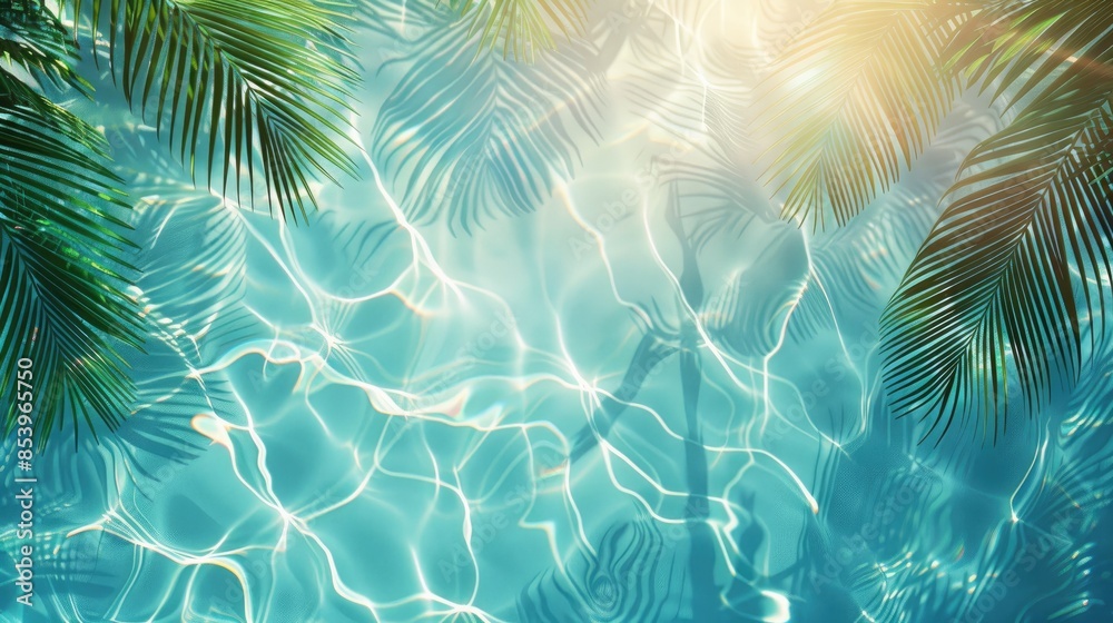 3D rendering of palm leaves shadow on the water surface in a swimming pool with a light blue background 3D rendering of palm leaves shadow on the water surface in a swimming pool with a light blue background