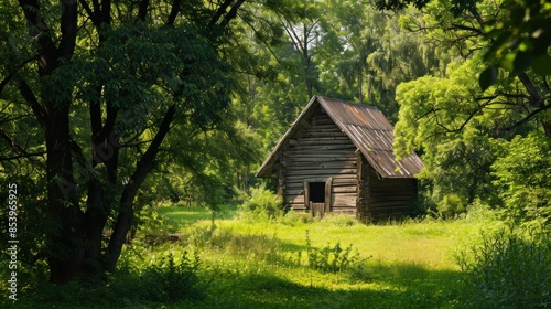 Green forest and a house. House in a forest. Real estate concept. Wooden house commonly found near lakes and rivers. Rocky mountain. Old house in the woods.