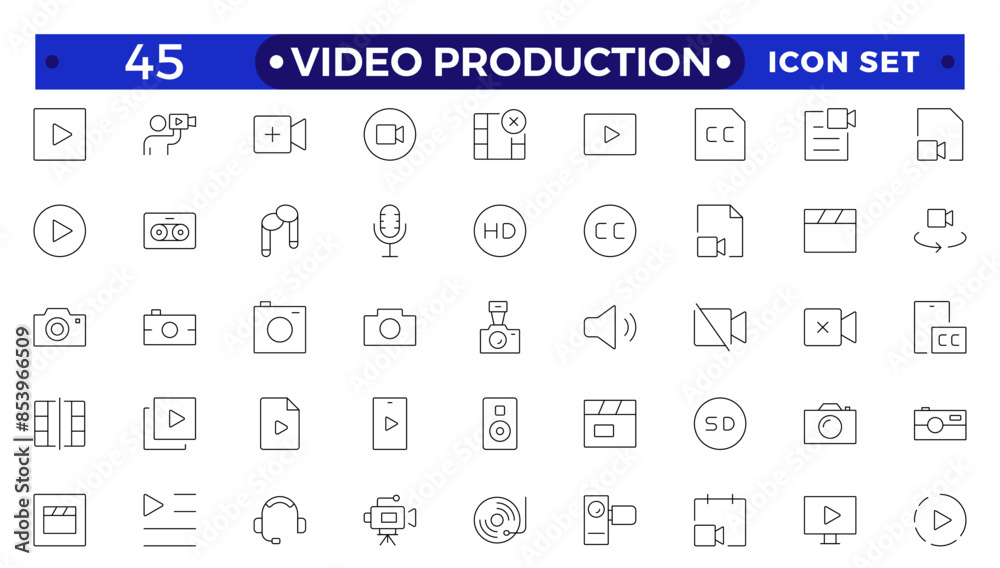 Video icon set. Containing camera, play, pause, media, online video, live, production, player, movie and cinema icons.video production icon outline icon collection. Video icon set. Containing camera, play, pause, media, online video, live, production, player, movie and cinema icons.video production icon outline icon collection.