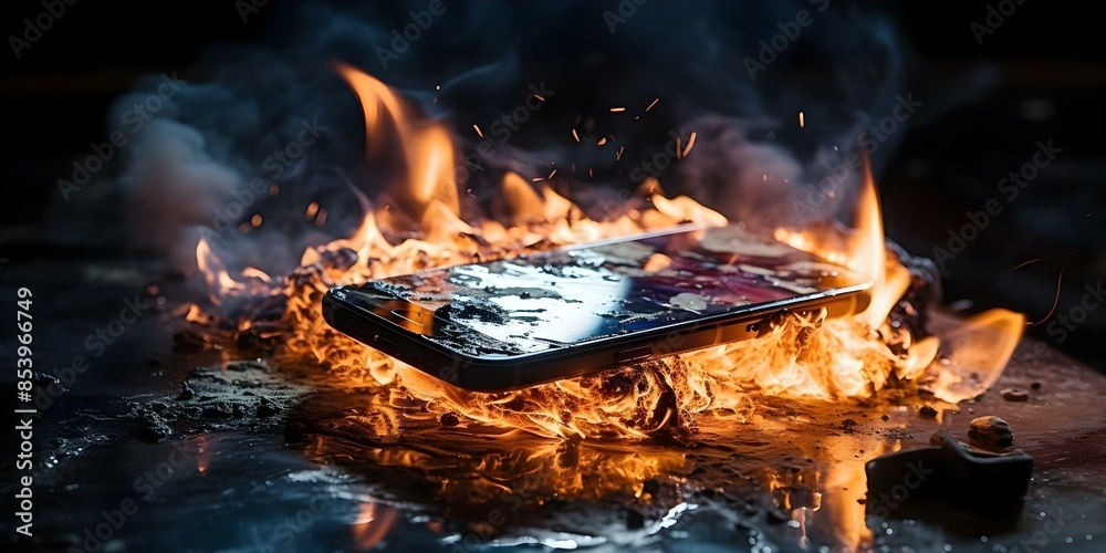 Fototapeta premium Smartphone fire caused by overcharged battery emphasizing safety and prevention measures. Concept Fire Hazards, Smartphone Safety, Battery Overcharging, Prevention Measures, Tech Risks