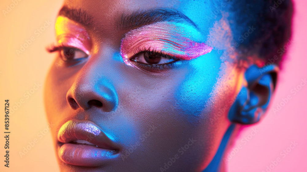Profile of a beautiful black-skinned woman with colorful makeup on her face. The makeup is bright and bold, with an expression of confidence. Saturated makeup trend. Profile of a beautiful black-skinned woman with colorful makeup on her face. The makeup is bright and bold, with an expression of confidence. Saturated makeup trend.