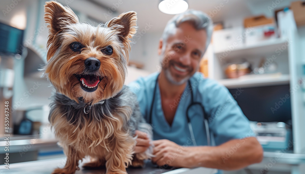 happy Yorkshire Terrier sits on a table at a veterinary clinic, looking at camera with cheerful expression and smiling veterinarian wearing white coat and stethoscope, exuding professionalism and care happy Yorkshire Terrier sits on a table at a veterinary clinic, looking at camera with cheerful expression and smiling veterinarian wearing white coat and stethoscope, exuding professionalism and care
