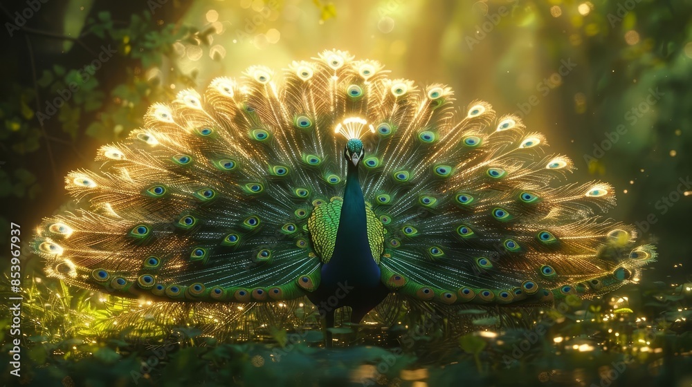 Obraz premium A mesmerizing shot of a peacock displaying its plumage in a green
