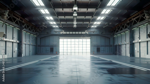 Ultra-detailed 3D rendering: Empty hangar interior with open door space for text realistic precise design.