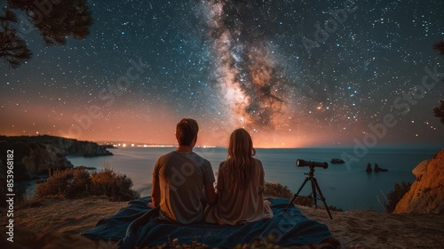 Show couples lying on a blanket, gazing up at the stars or using a telescope Captured in the style of soft lighting photograph photo