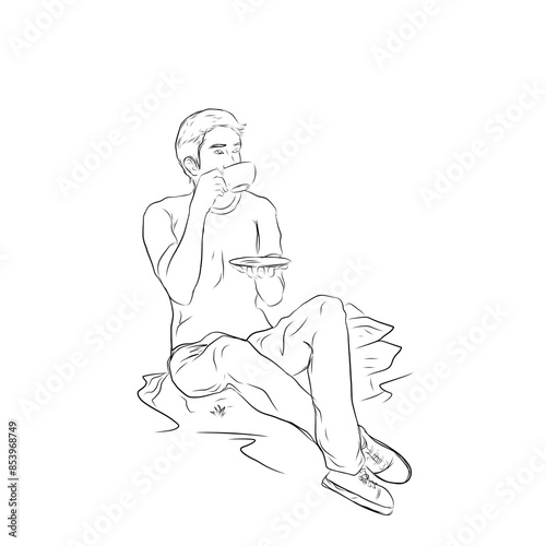 Wallpaper Mural a man is enjoying a cup of coffee outdoors on a white background Torontodigital.ca