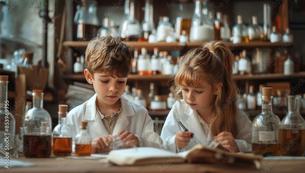 Two children in white lab coats study chemistry in a lab setting, surrounded by glass bottles and a wooden workbench.