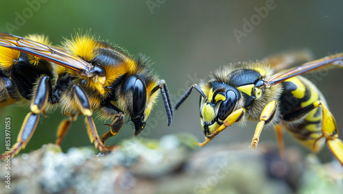 Macro of a wasp and a bee together